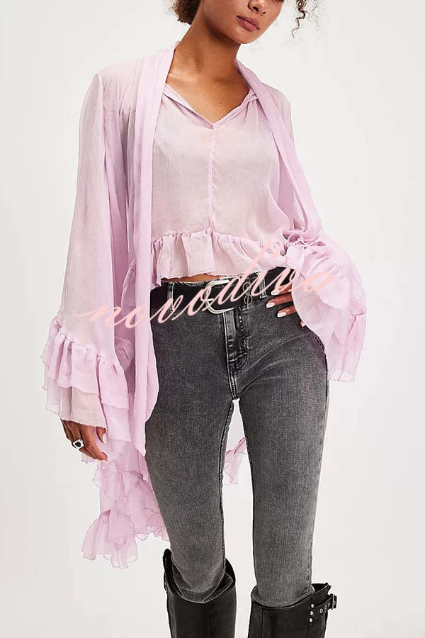 Flowy See-through Ruffle Tie-up Neck Bell Sleeve High-low Hem Cape Shirt