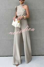 Fashionable One-shoulder Ruffled Top and Casual Simple Straight-leg Suit Pants Set