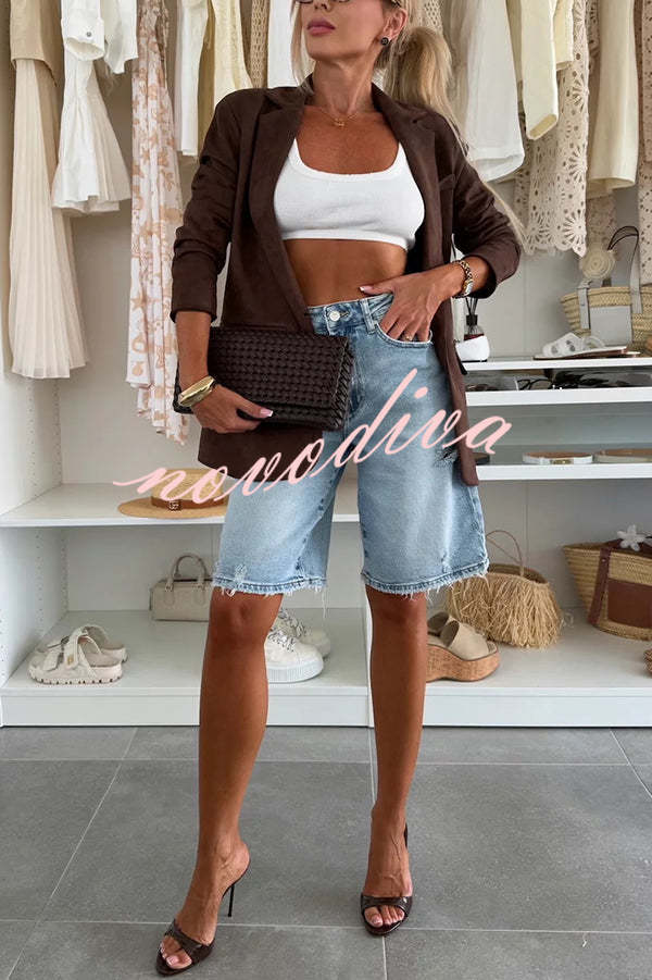 Fashion Denim Pocket Frayed Bermuda Shorts