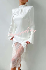 Melissa Satin High Neck Long Sleeve Curved Hem Top and Lace Midi Skirt Set