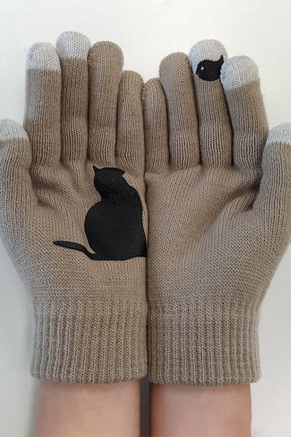 Cat and Bird Print Gloves