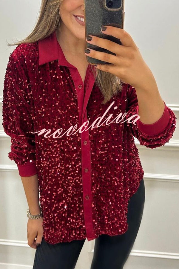 Fashion Velvet Sequined Loose Casual Long-sleeved Shirt