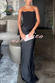 Attend The Gala Strapless Corset Satin Ruched Hip Drape Maxi Dress