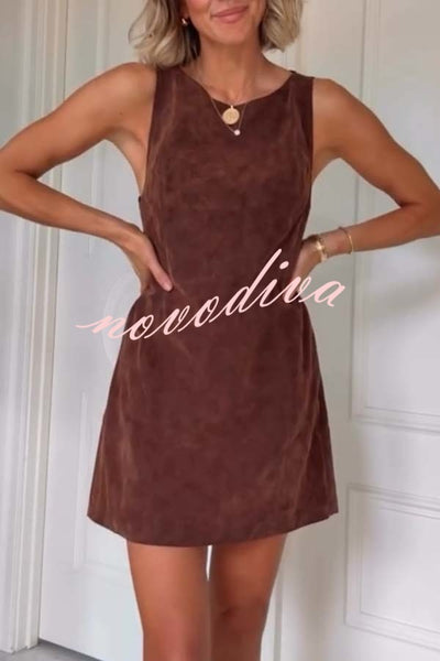 Atlas Faux Suede Open Back Button Accents Zipper Mini Dress