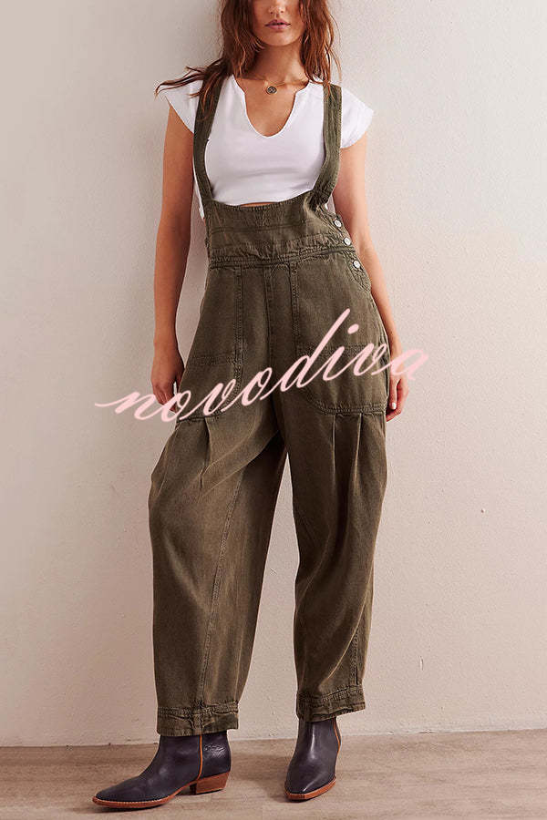 Fashionable Casual Side Pocket Button Loose Denim Overalls