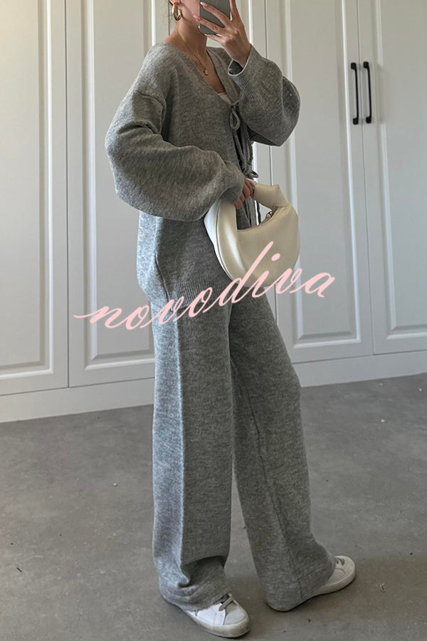 Solid Color V-neck Tie Long-sleeved Loose Knit Cardigan and Elastic Waist Casual Straight Leg Pants Set