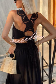 Summer City Hollow Lace Crop Tank and Elastic Waist Pocketed A-line Maxi Skirt Set