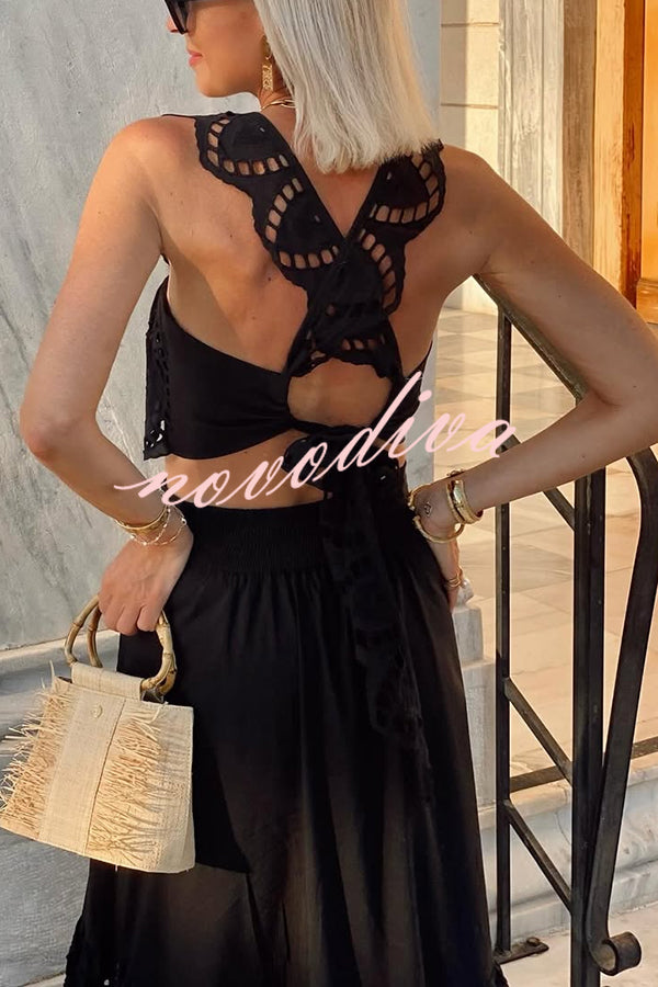 Summer City Hollow Lace Crop Tank and Elastic Waist Pocketed A-line Maxi Skirt Set