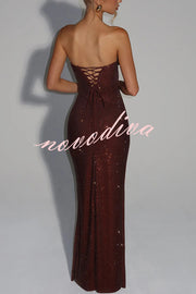 Mirabella Sequin Pleated Cowl Scooped Neckline Back Lace-up Strapless Maxi Dress