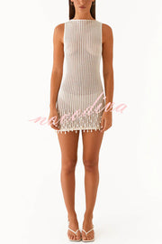 Fashion Knit Hollow Beaded Tassel Embellished Sleeveless Slim Mini Dress