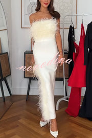 Retro and Glamorous Feather Trim Detail Bandeau Slit Stretch Midi Dress