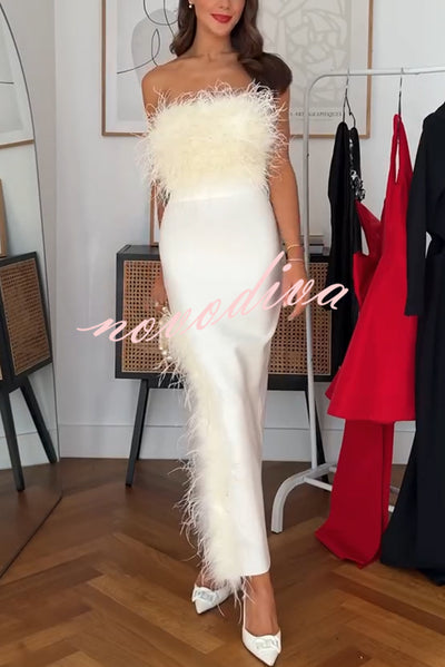 Retro and Glamorous Feather Trim Detail Bandeau Slit Stretch Midi Dress