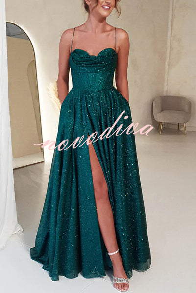 Cinderella Glitter Tulle Fabric Cowl Neck Back Lace-up Pocketed Slit Maxi Dress