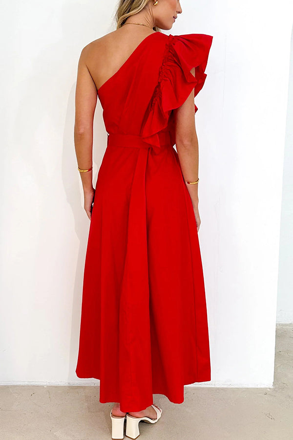 Solid One Shoulder Ruffled Sleeves Tie Waist Maxi Dress