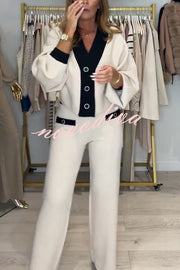 Fashion Contrast Color V-neck Loose Cardigan and Elastic Waist Casual Pants Set