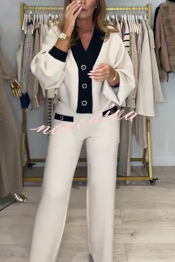 Fashion Contrast Color V-neck Loose Cardigan and Elastic Waist Casual Pants Set