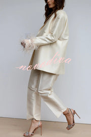 Chic Affair Satin Feather Trim Lapel Loose Blazer and High Rise Pocket Tapered Pants Set
