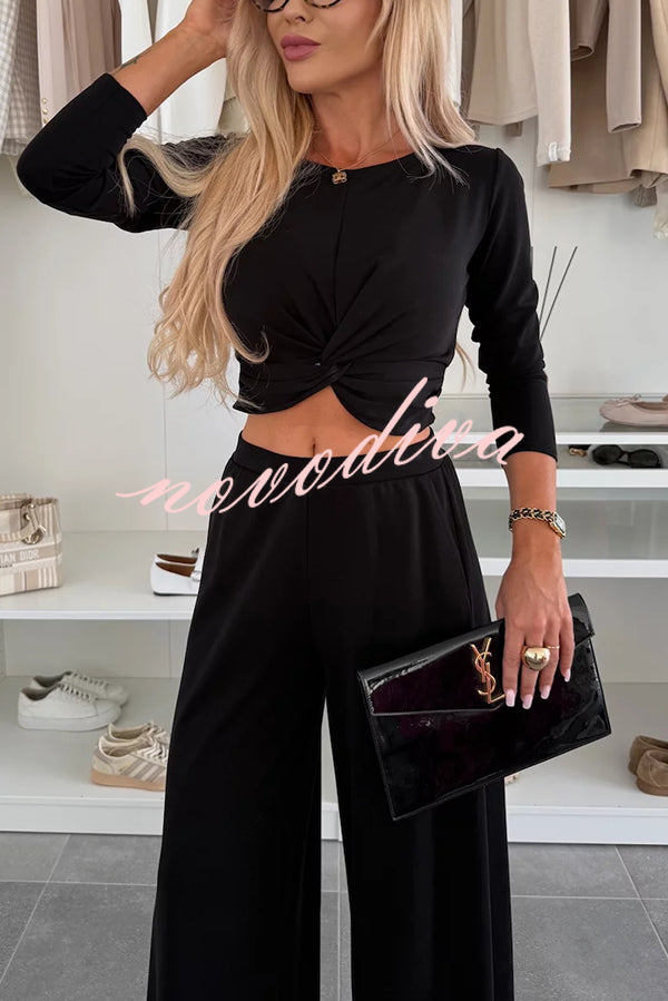 Solid Color Round Neck Long Sleeve Twist Crop Top and Elastic Waist Pocket Wide Leg Pants Set