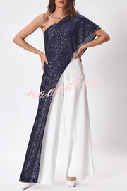 Party Favors Sequin One Shoulder Ruffle Detail Wide Leg Evening Jumpsuit