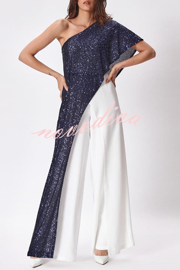 Party Favors Sequin One Shoulder Ruffle Detail Wide Leg Evening Jumpsuit