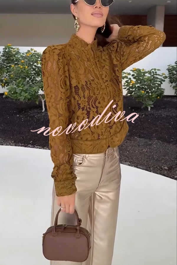 Palace Style Crochet Flower Lace Stand Neck Button Puff Sleeve Jacket
