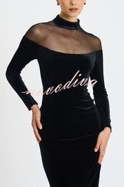 Fashionable Velvet and Mesh Spliced long-sleeved Slim-fit Maxi Dress