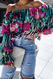 Colorful Botanical Print Sexy Off-shoulder Ruffle Top