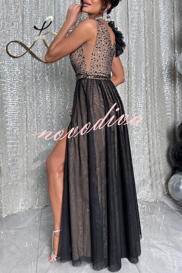 Everlasting Party Sequin Tulle Ruffles Shoulder Design Slit Maxi Dress