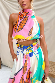 Maison Linen Blend Unique Print High Neck Top and Elastic Tie-up Waist Pocket Wide Leg Pants Set