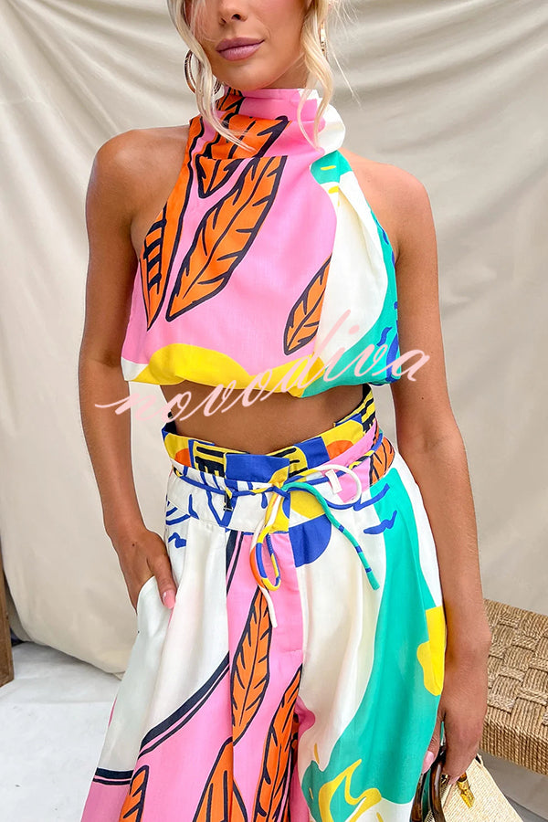 Maison Linen Blend Unique Print High Neck Top and Elastic Tie-up Waist Pocket Wide Leg Pants Set
