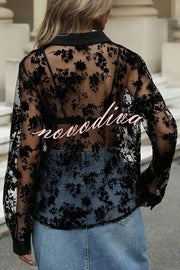 Fashion See-through Plant Lace Long Sleeve Loose Shirt