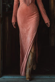 Fashionable Embroidered Floral Tassel Long-sleeved Slim-fit Maxi Dress