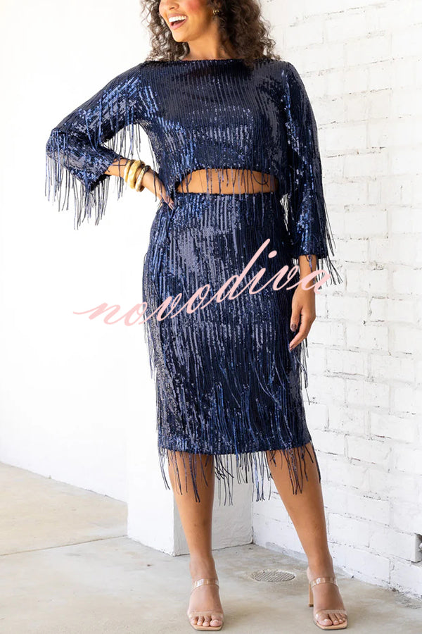 Insight Blueberry Sequin Fringe High Rise Elastic Waistband Midi Skirt