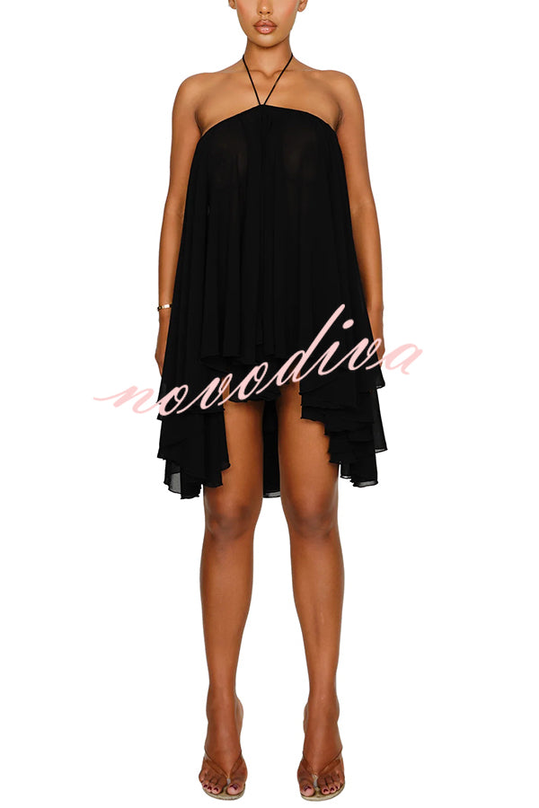 Chiffon Solid Color Halter Backless Irregular Mini Dress