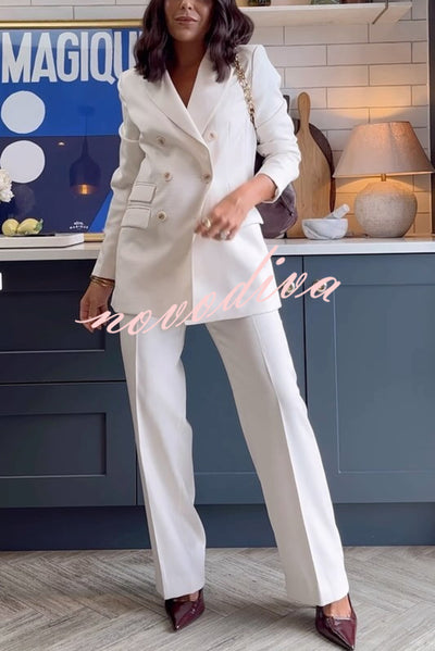 Elegant and Independent Button Lapel Blazer and Elastic Waist Pocketed Loose Pants Set