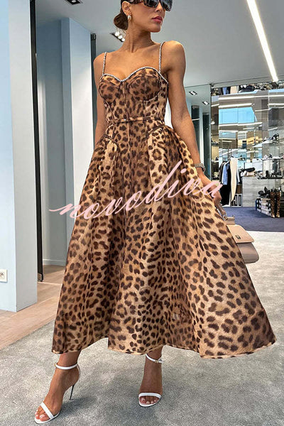 Unleash Your Wild Leopard Rhinestone Trim Back Smocked Midi Dress