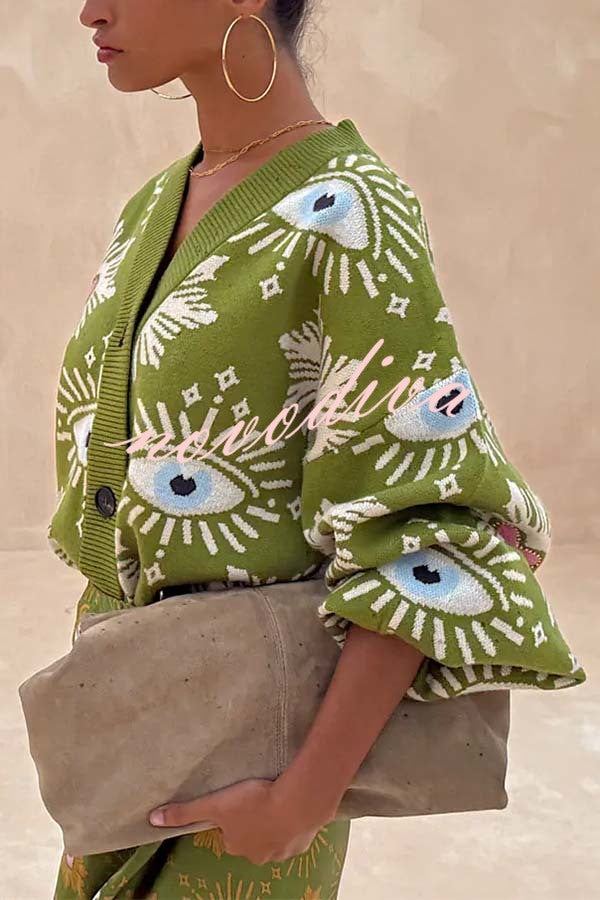 Mysterious Magic Knit Eye Heart Pattern Button Up Long Sleeve Loose Cardigan