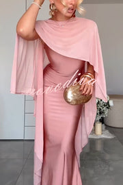 Party Charm Satin Sheer Chiffon High Low Cape Slip Maxi Dress