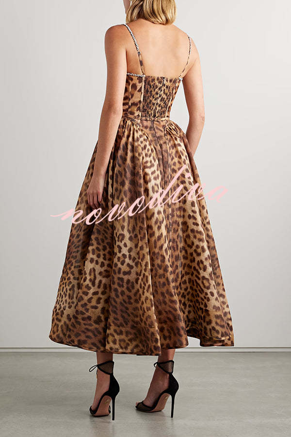 Unleash Your Wild Leopard Rhinestone Trim Back Smocked Midi Dress