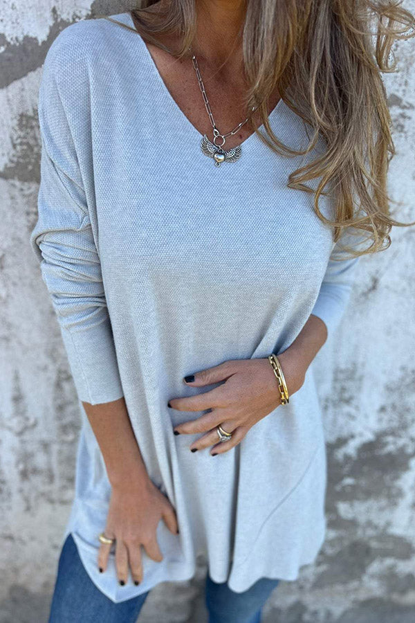 Solid Color V-neck Loose Long-sleeved Knitted T-shirt