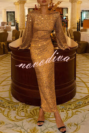 Shine Your Style Sequin Balloon Sleeve Back Drape Cowl Neck Maxi Dress