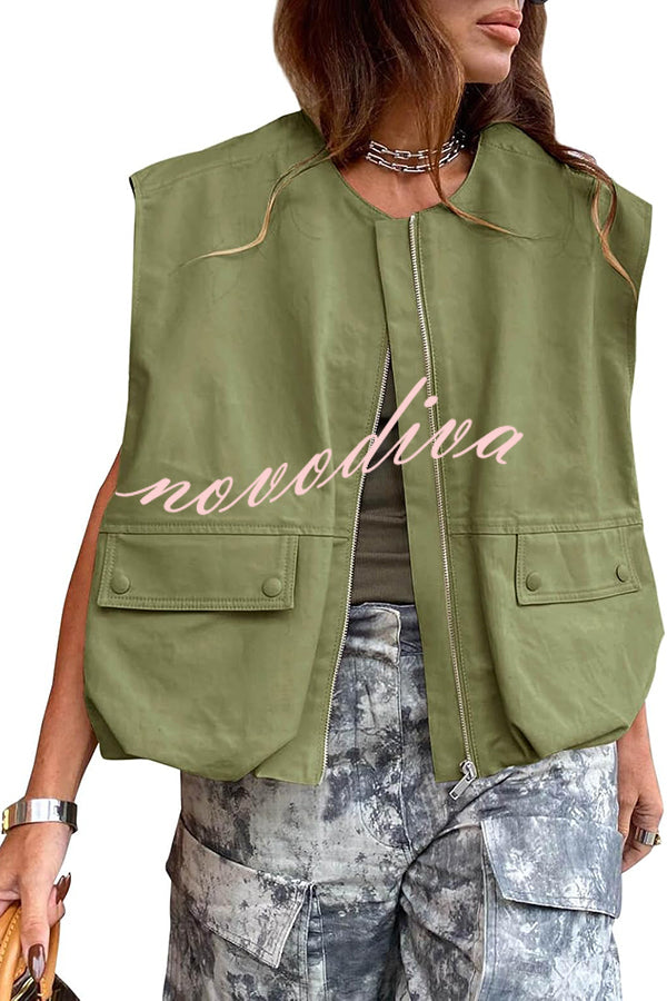 Fashion Zipper Sleeveless Pocket Loose Vest Jacket
