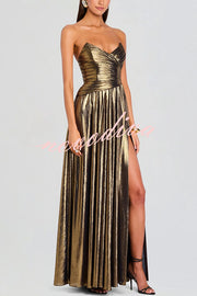 Goddess Temperament Metallic Pleated Fabric Off Shoulder Slit Maxi Dress