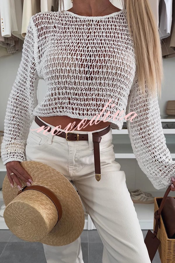 Fashion Knitted Hollow Long Sleeve Round Neck Holiday Cover Up