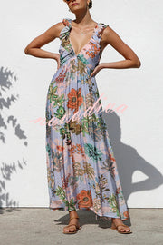 Unique Printed V-neck Ruffled Straps Pleated Back Maxi Dress