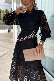 Romantic, Sensual and Elegant Crochet Lace Lantern Sleeve Party Midi Dress