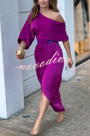Whispered Yes Satin Irregular Lapel Neckline Design Ruched Maxi Dress