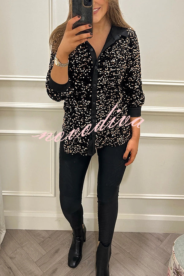 Fashion Velvet Sequined Loose Casual Long-sleeved Shirt