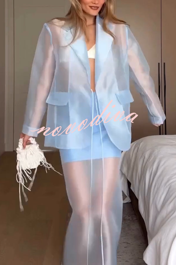 Simple and Light See-through Fabric Tie-up Long Sleeve Pocket Lapel Blazer