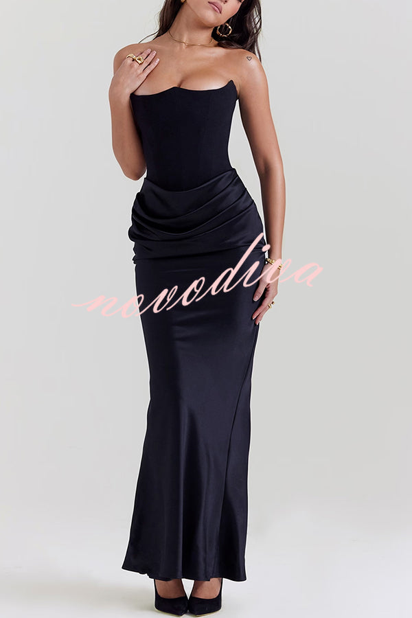 Persephone Crepe and Satin Patchwork Off Shoulder Ruched Maxi Dress